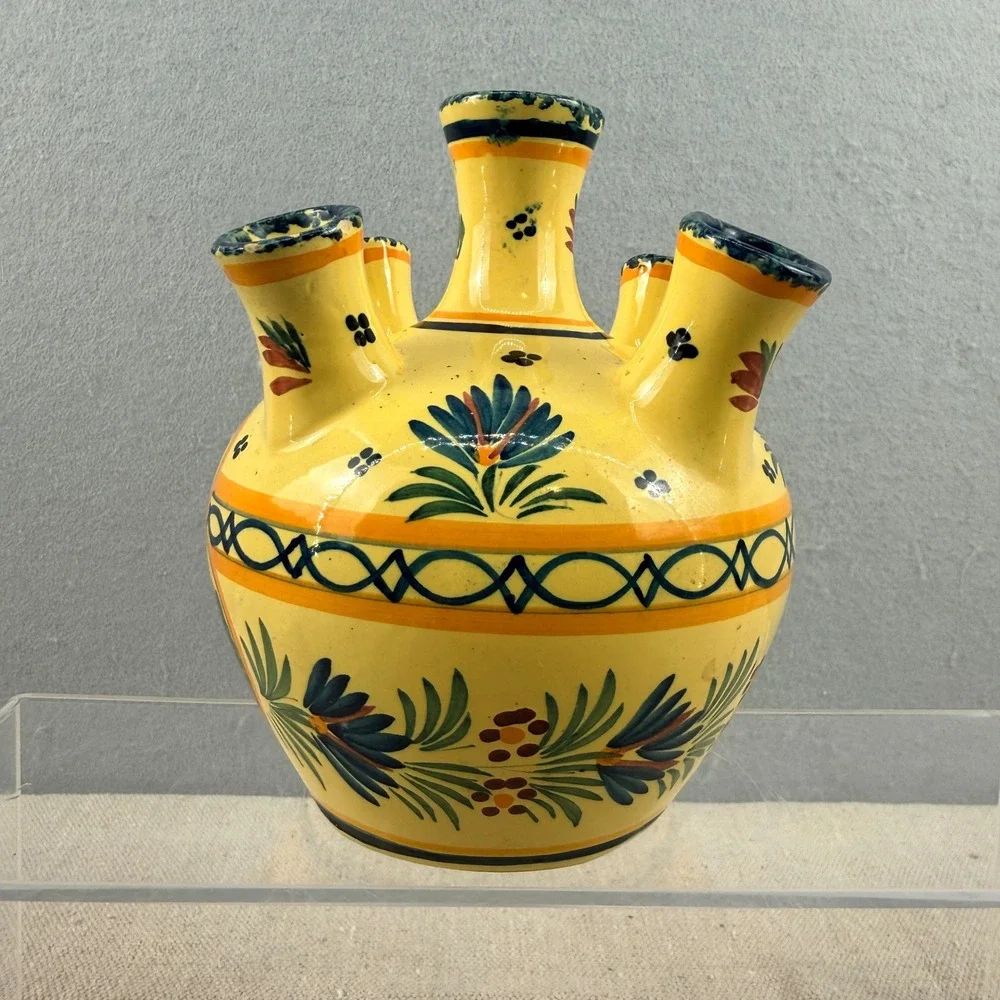 Vintage HenRiot Quimper France 5-Finger Tulip Vase Yellow Floral Quintal‎